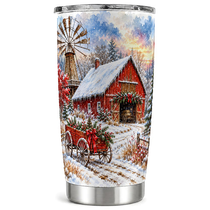 Red Barn Tumbler 20oz, Winter Farm Tumbler, Stainless Steel Travel Cup