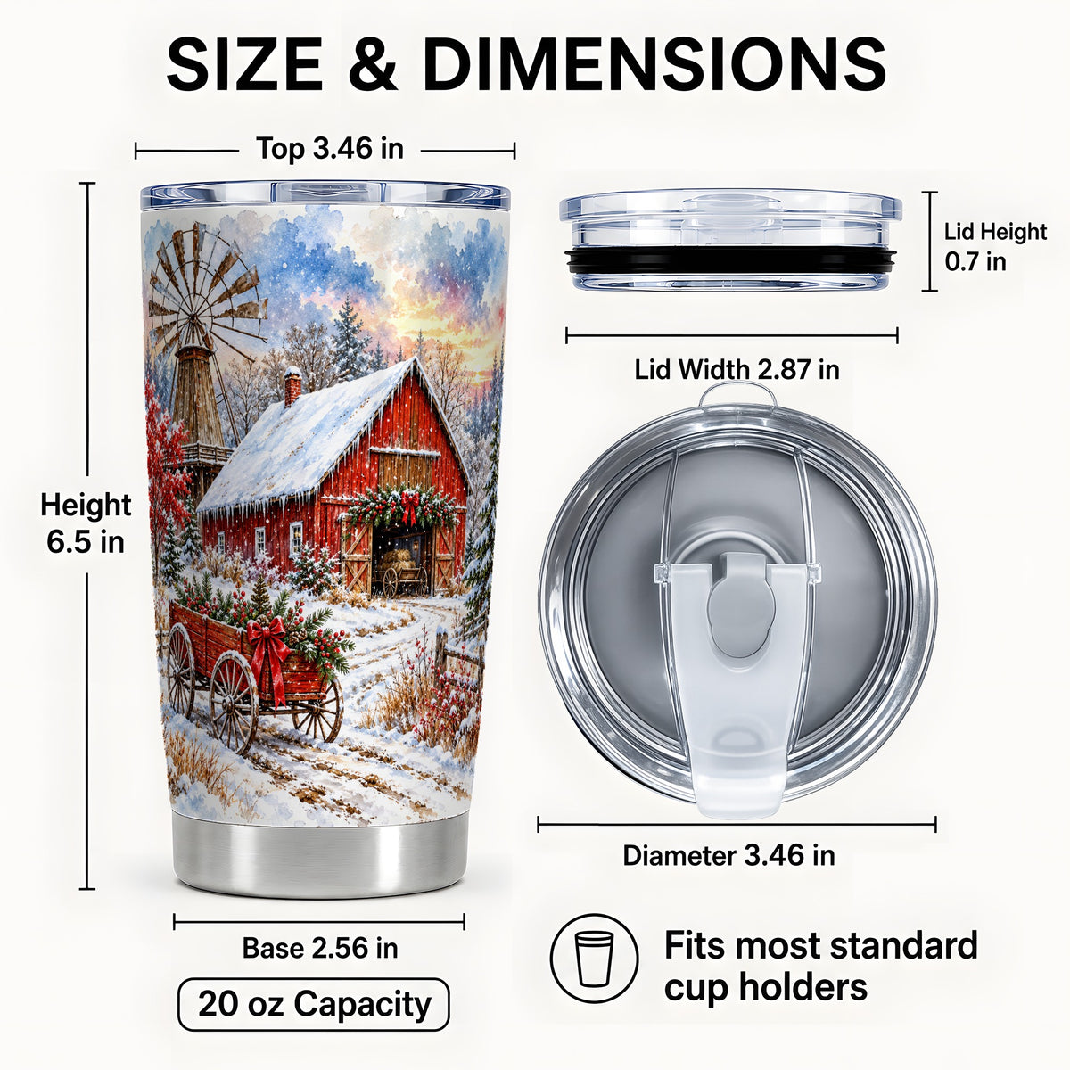 #pl[20oz|Steel] Red Barn Tumbler 20oz, Winter Farm Tumbler, Stainless Steel Travel Cup