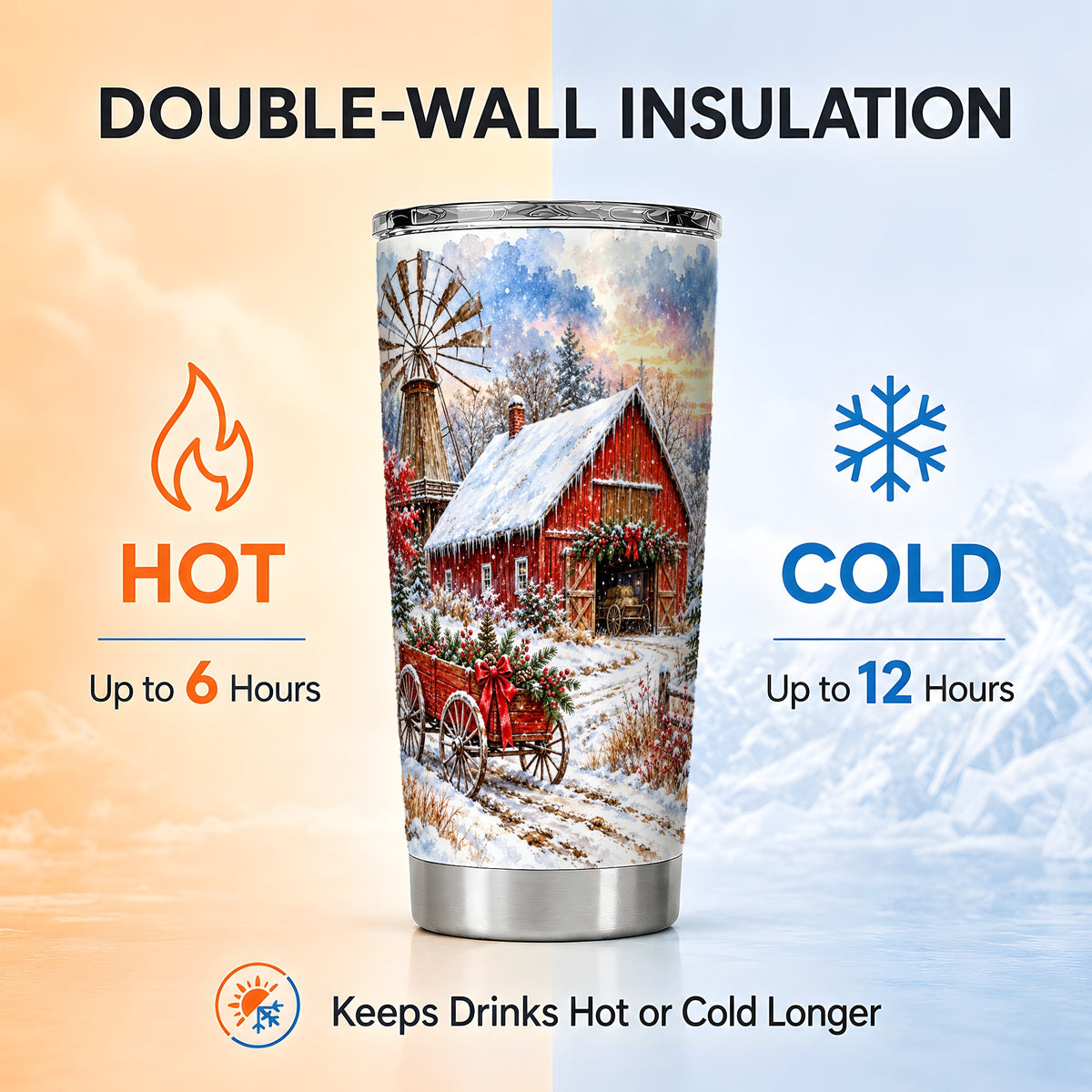 Red Barn Tumbler 20oz, Winter Farm Tumbler, Stainless Steel Travel Cup