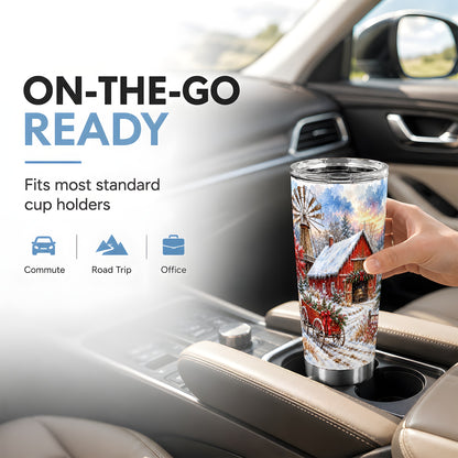 Red Barn Tumbler 20oz, Winter Farm Tumbler, Stainless Steel Travel Cup