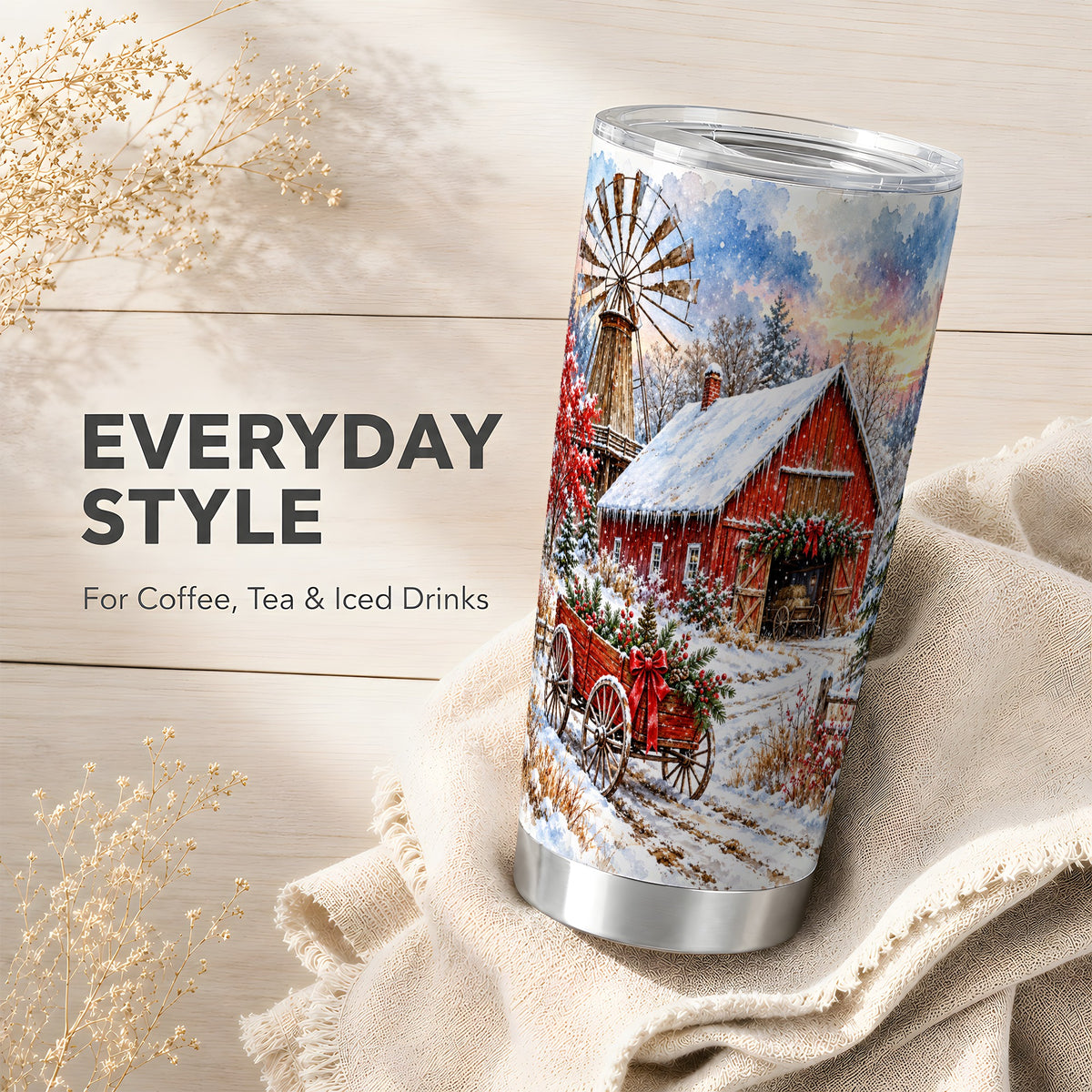 Red Barn Tumbler 20oz, Winter Farm Tumbler, Stainless Steel Travel Cup