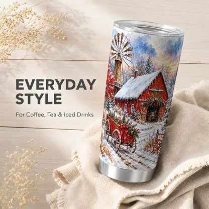 Red Barn Tumbler 20oz, Winter Farm Tumbler, Stainless Steel Travel Cup