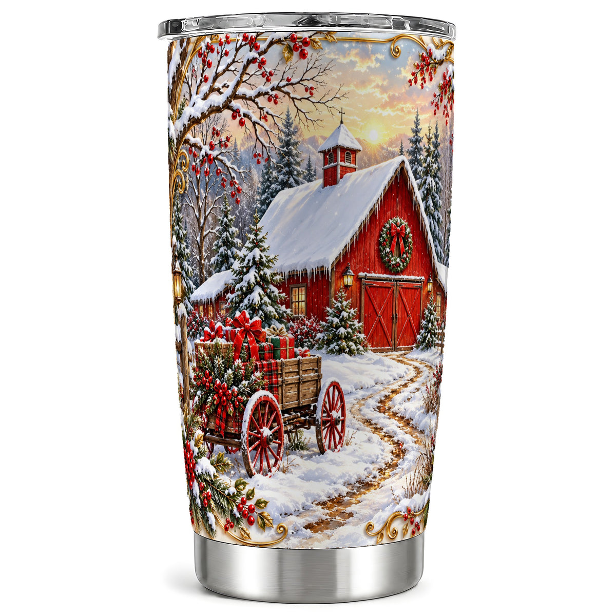 Snowy Red Barn Tumbler 20oz, Farm Tumbler, Stainless Steel Travel Cup