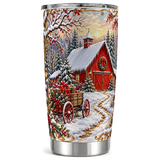 Snowy Red Barn Tumbler 20oz, Farm Tumbler, Stainless Steel Travel Cup