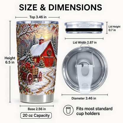 #pl[20oz|Steel] Snowy Red Barn Tumbler 20oz, Farm Tumbler, Stainless Steel Travel Cup