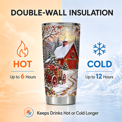 Snowy Red Barn Tumbler 20oz, Farm Tumbler, Stainless Steel Travel Cup
