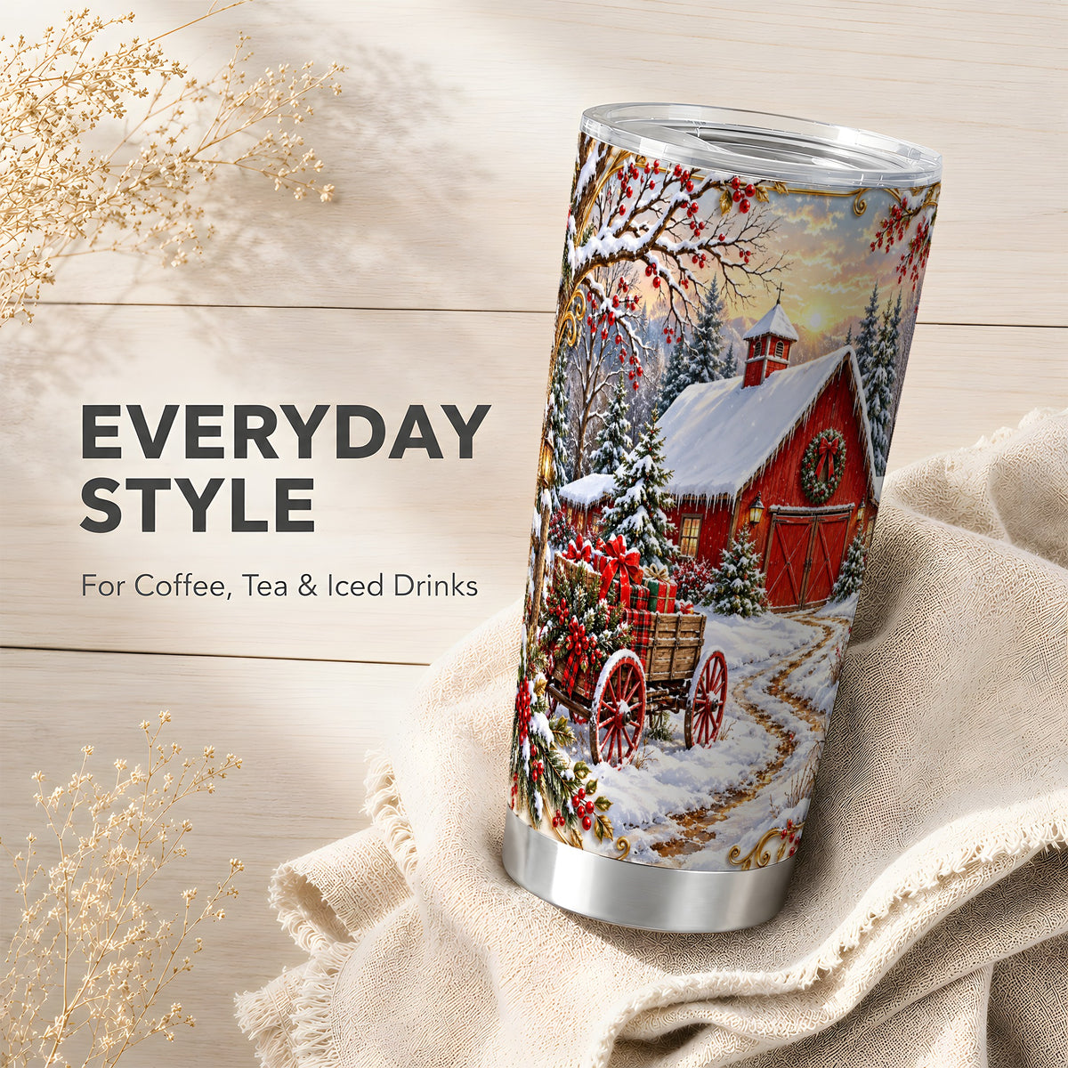 Snowy Red Barn Tumbler 20oz, Farm Tumbler, Stainless Steel Travel Cup