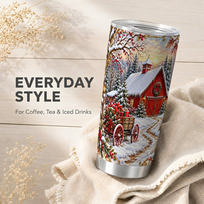 Snowy Red Barn Tumbler 20oz, Farm Tumbler, Stainless Steel Travel Cup