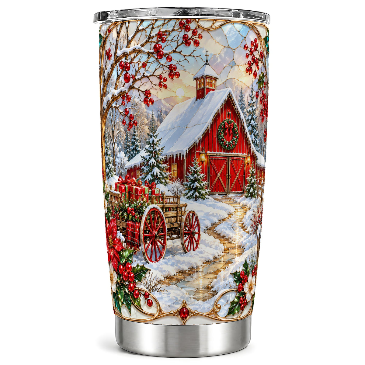 Christmas Red Barn Tumbler 20oz, Farm Tumbler, Stainless Steel Travel Cup