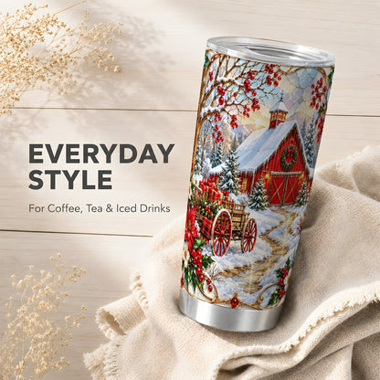 Christmas Red Barn Tumbler 20oz, Farm Tumbler, Stainless Steel Travel Cup