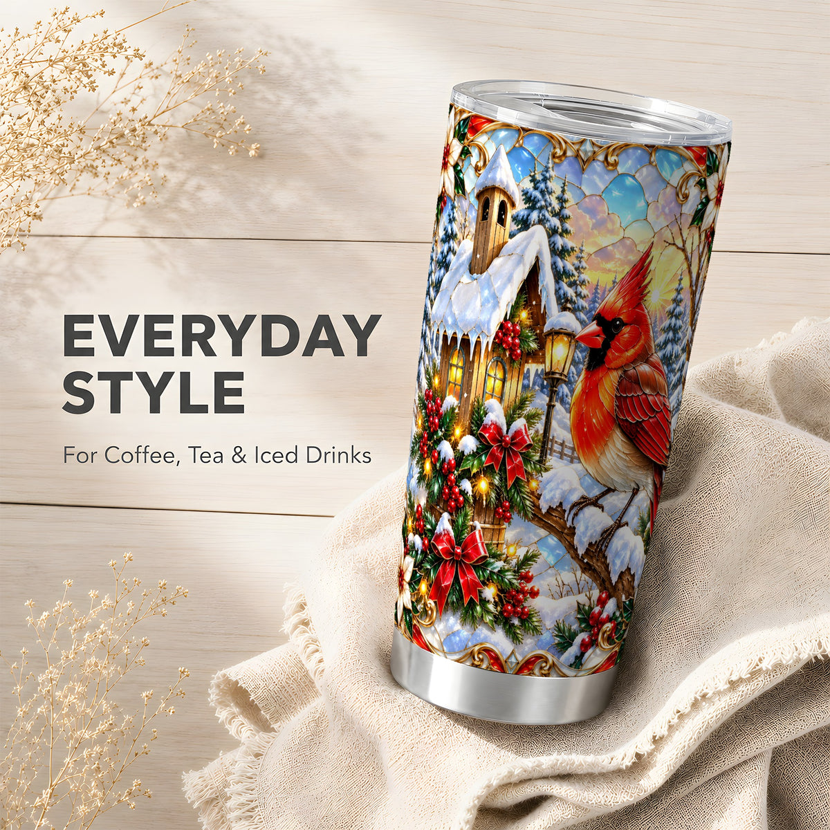 Cardinal Tumbler 20oz, Winter Bird Tumbler, Stainless Steel Travel Cup