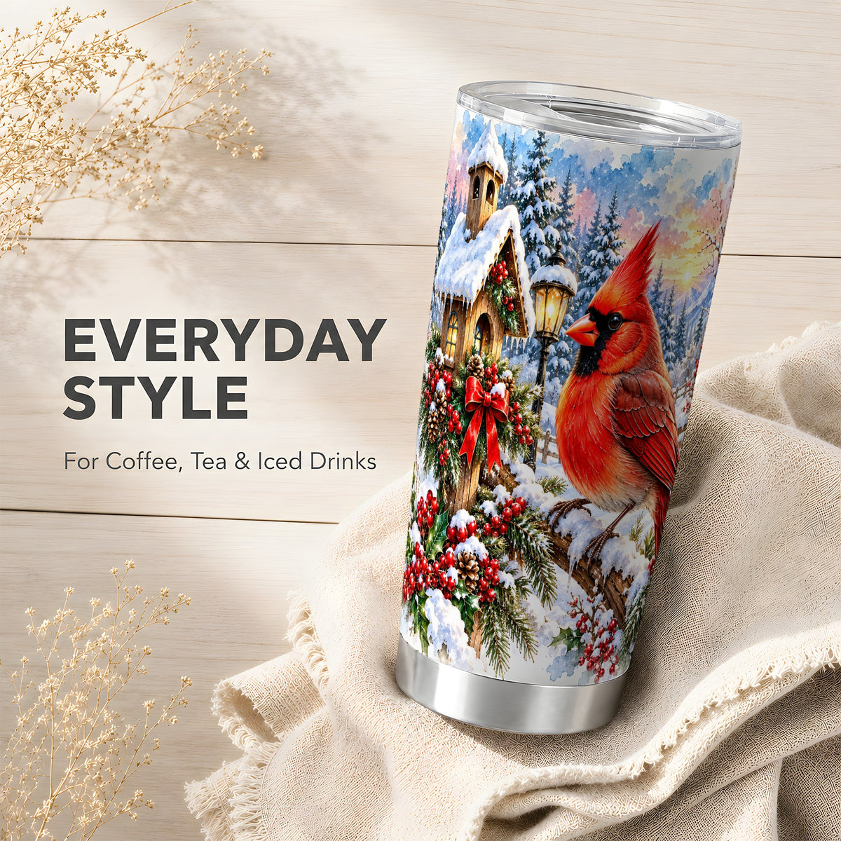 Cardinal Tumbler 20oz, Winter Bird Tumbler, Stainless Steel Travel Cup