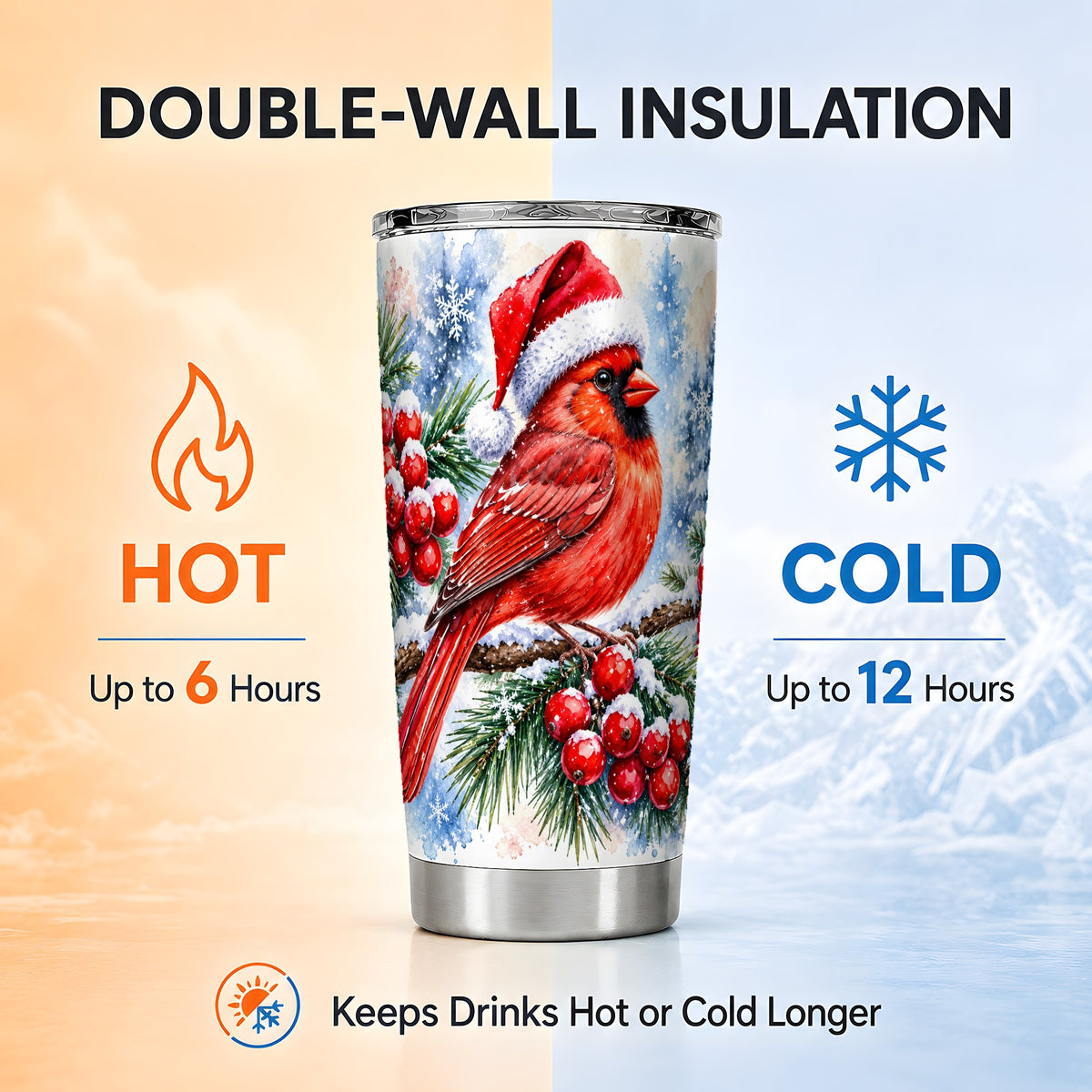 Christmas Cardinal Tumbler 20oz, Winter Bird Tumbler, Travel Cup