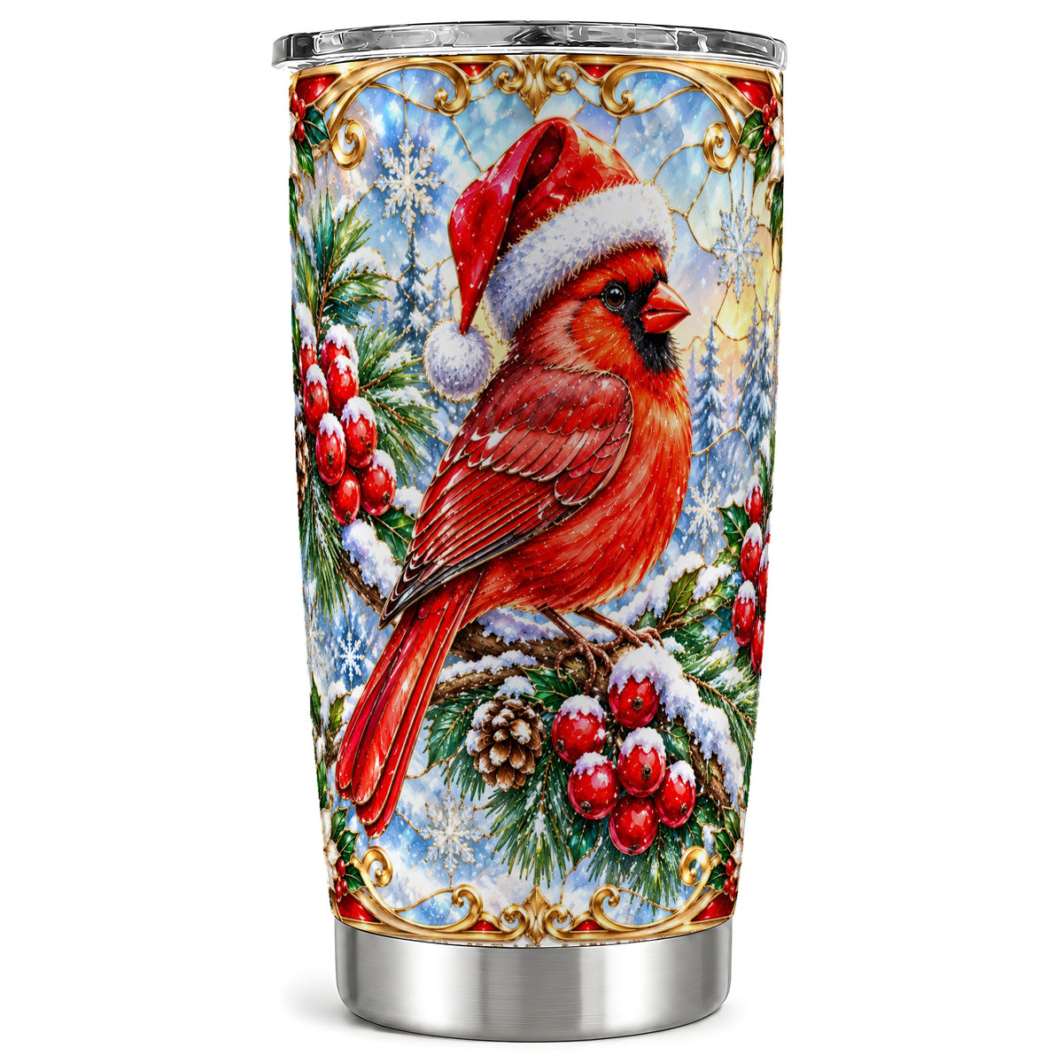 Ornate Cardinal Tumbler 20oz, Christmas Bird Tumbler, Travel Cup