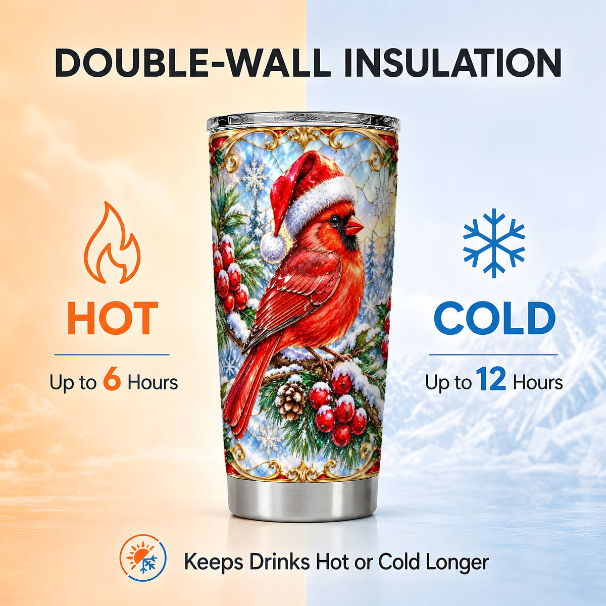Ornate Cardinal Tumbler 20oz, Christmas Bird Tumbler, Travel Cup