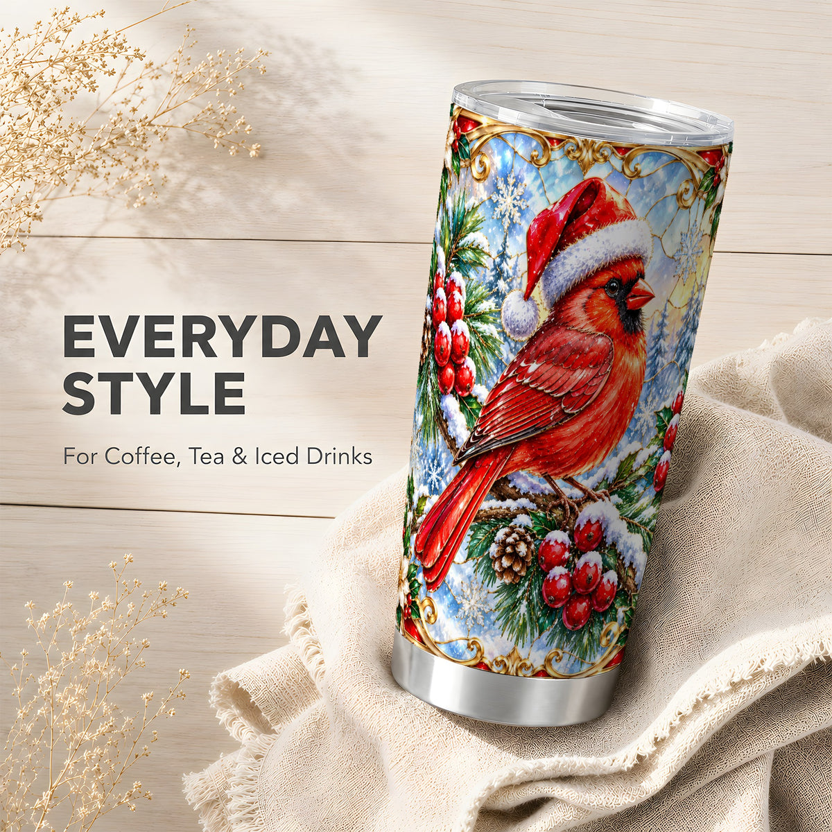 Ornate Cardinal Tumbler 20oz, Christmas Bird Tumbler, Travel Cup
