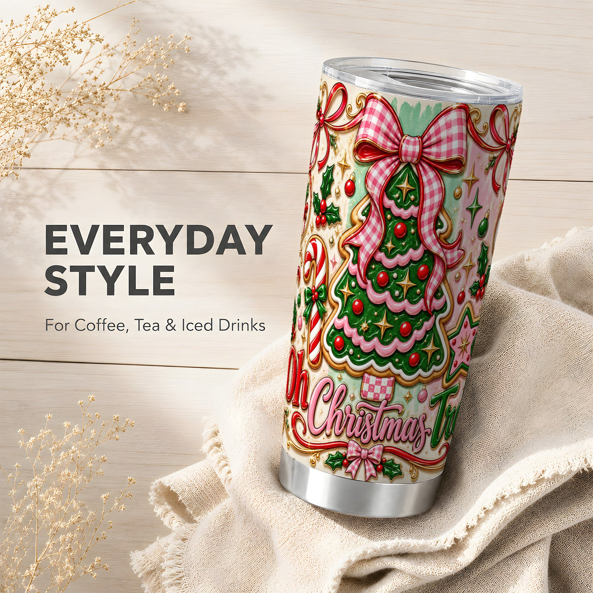 Christmas Tree Cookie Tumbler 20oz, Pink Bow Tumbler, Travel Cup
