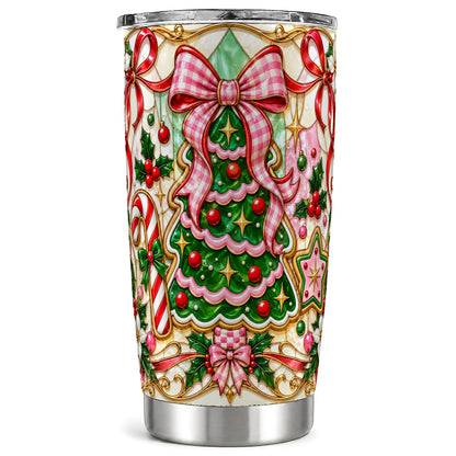 Christmas Tree Tumbler 20oz, Pink Bow Tumbler, Stained Glass Style Cup