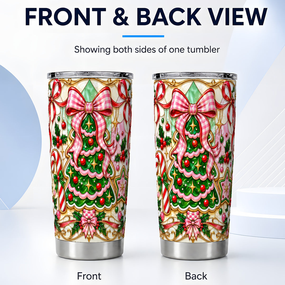 #pl[20oz|Steel] Christmas Tree Tumbler 20oz, Pink Bow Tumbler, Stained Glass Style Cup