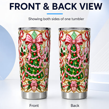 #pl[20oz|Steel] Christmas Tree Tumbler 20oz, Pink Bow Tumbler, Stained Glass Style Cup