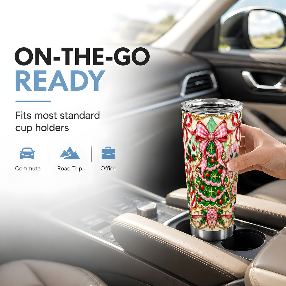 Christmas Tree Tumbler 20oz, Pink Bow Tumbler, Stained Glass Style Cup