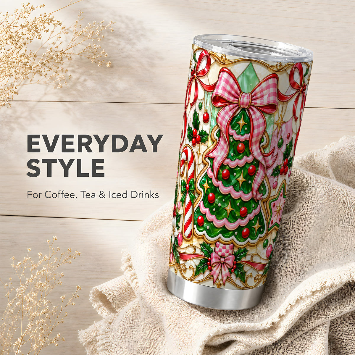 Christmas Tree Tumbler 20oz, Pink Bow Tumbler, Stained Glass Style Cup