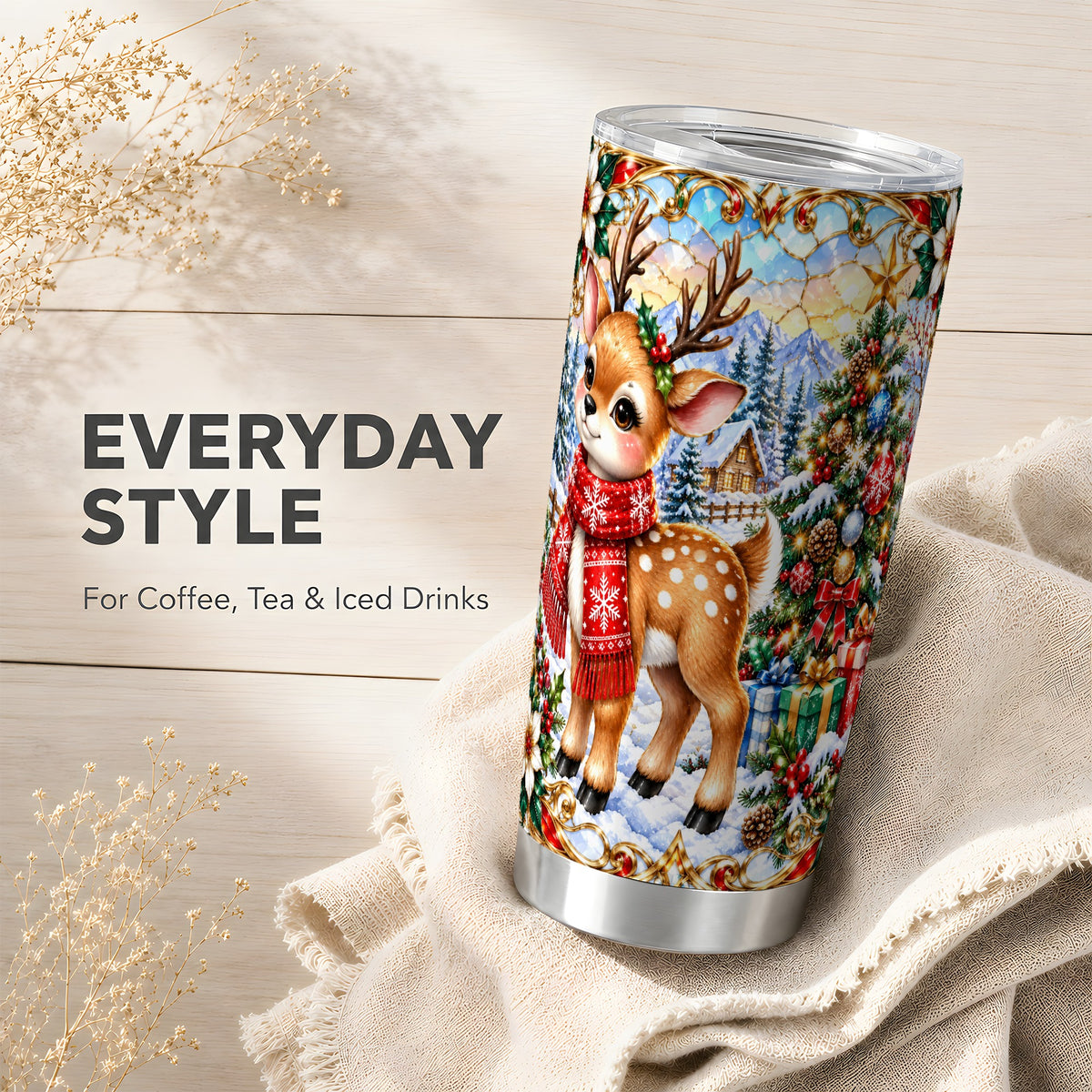 Reindeer Tumbler 20oz, Winter Deer Tumbler, Stainless Steel Travel Cup