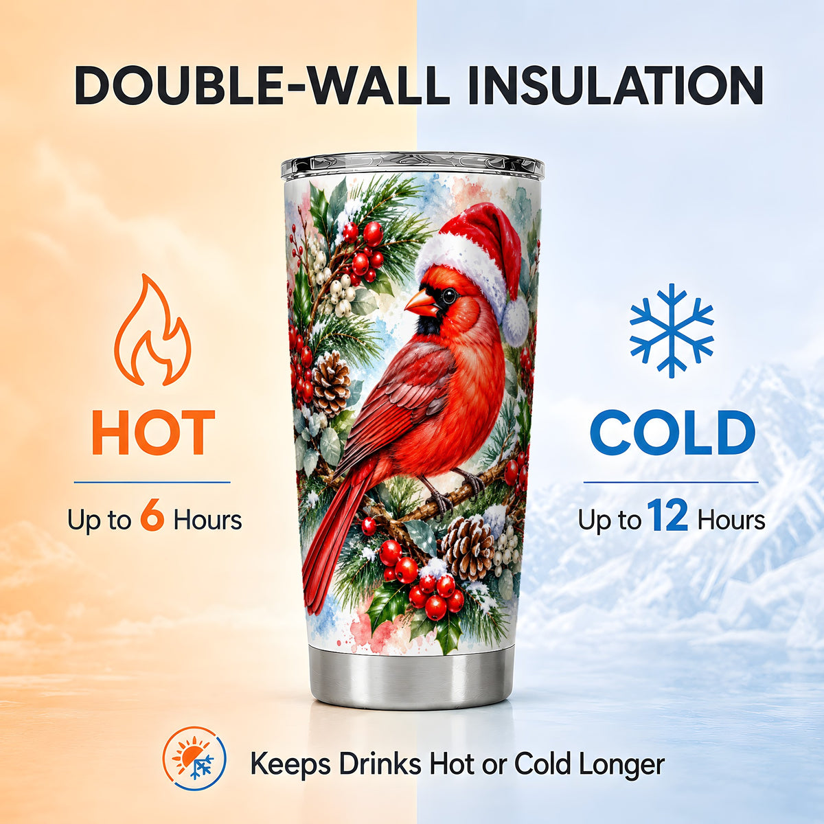 Cardinal Tumbler 20oz, Watercolor Bird Tumbler, Stainless Steel Travel Cup