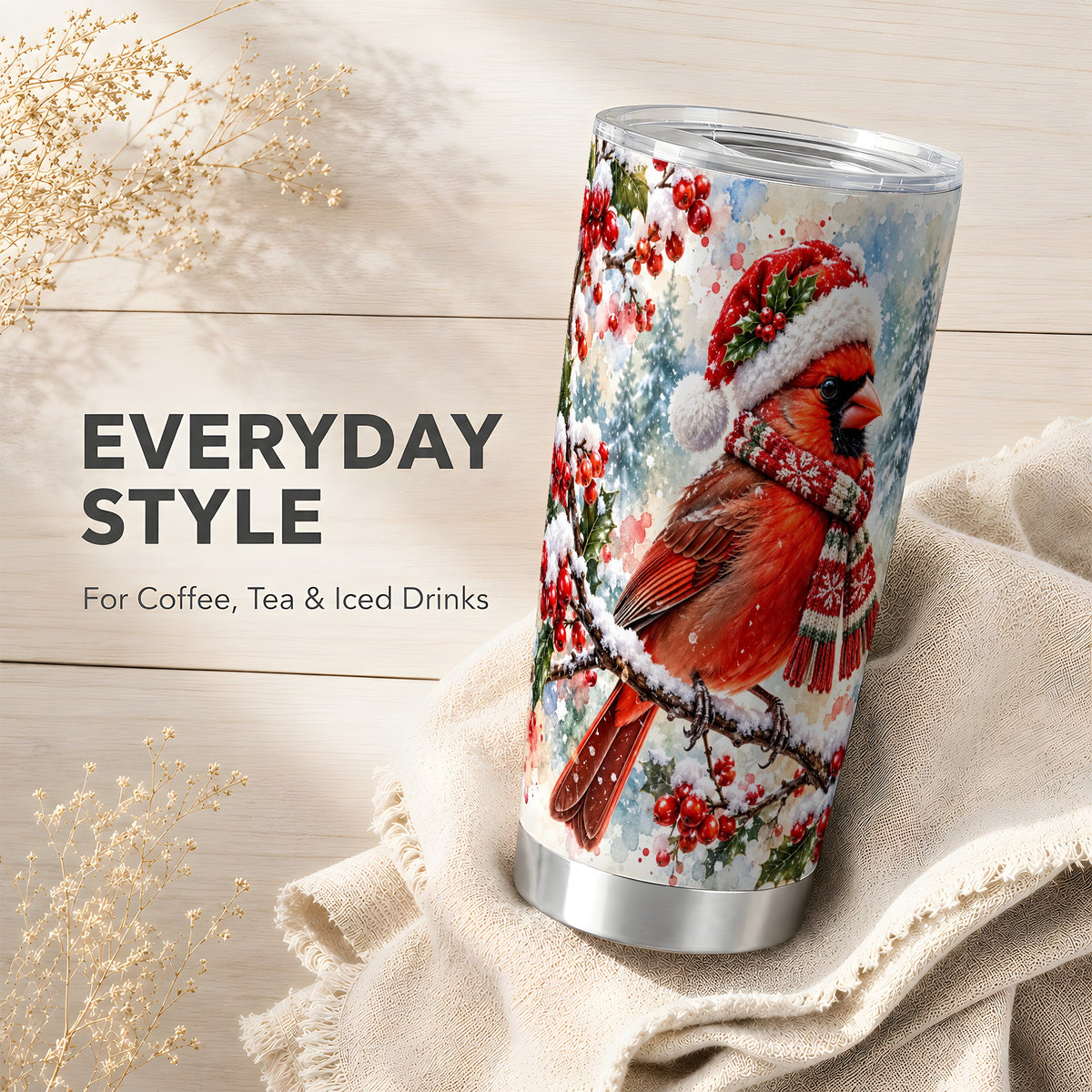Cardinal Tumbler 20oz, Snowy Bird Tumbler, Stainless Steel Travel Cup