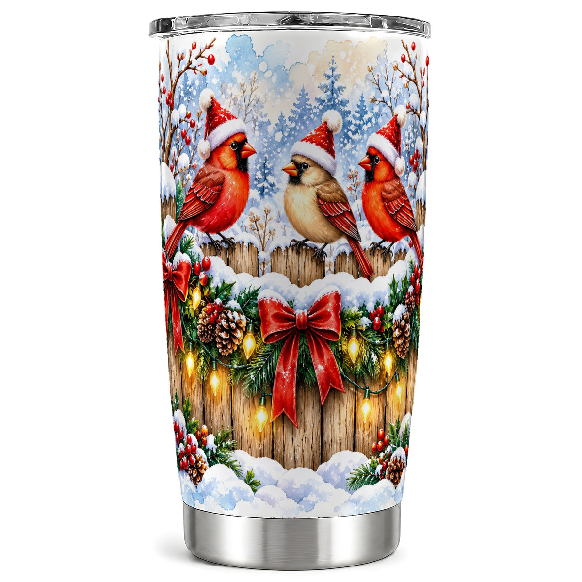 Christmas Cardinals 20oz Tumbler, Winter Bird Stainless Steel Travel Cup