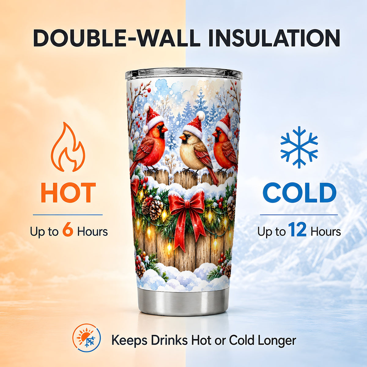 Christmas Cardinals 20oz Tumbler, Winter Bird Stainless Steel Travel Cup