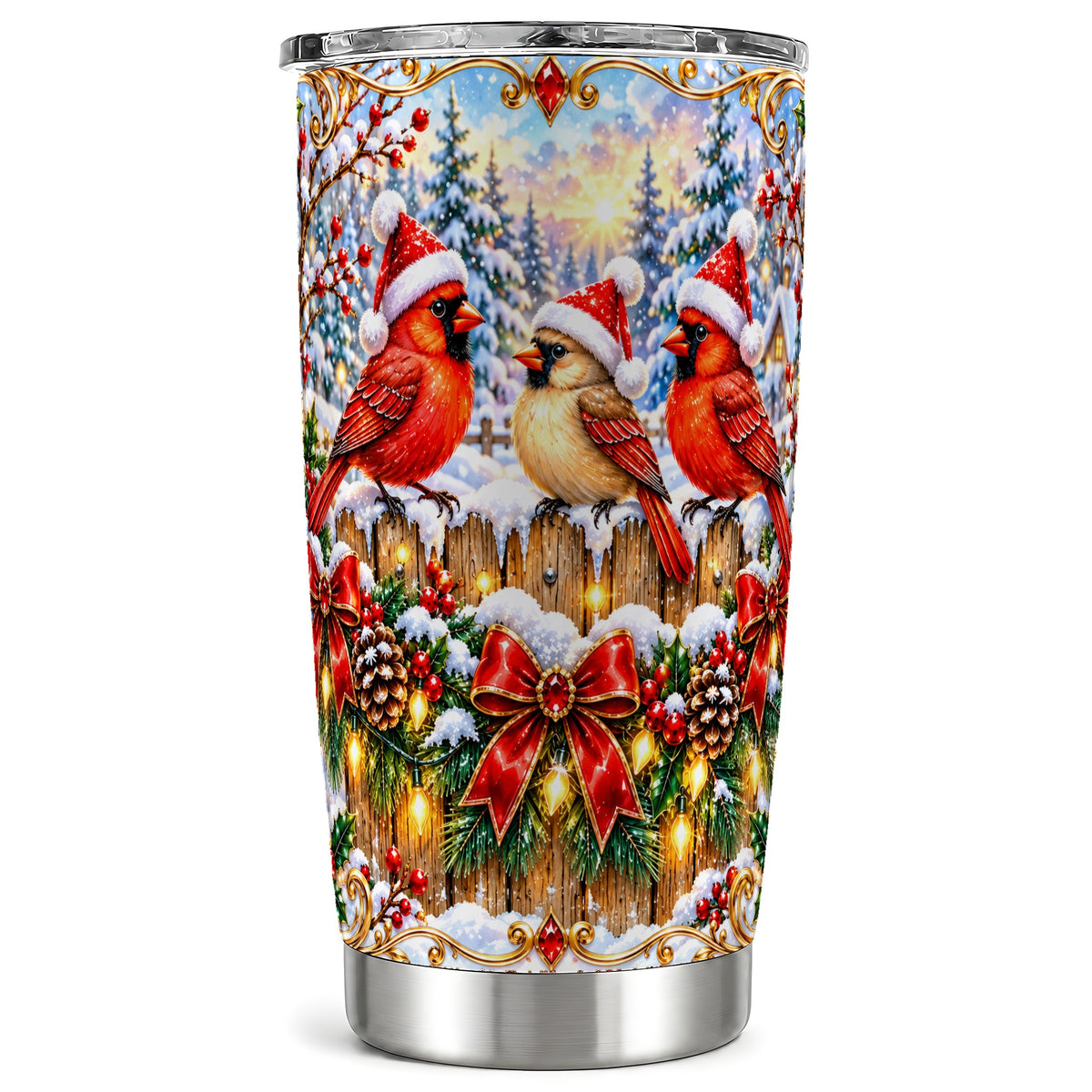 Ornate Cardinals 20oz Tumbler, Christmas Bird Stainless Steel Travel Cup