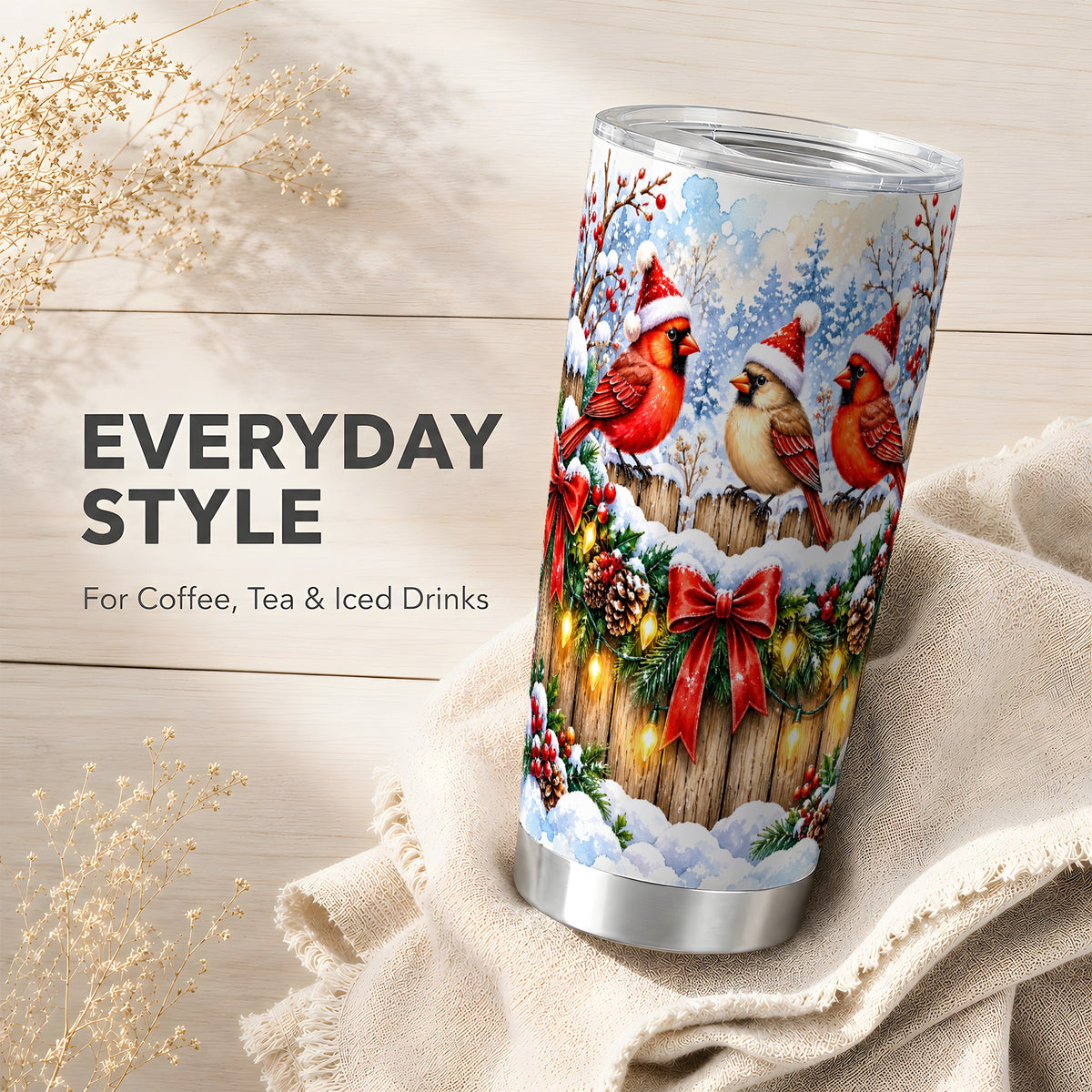 Christmas Cardinals 20oz Tumbler, Winter Bird Stainless Steel Travel Cup