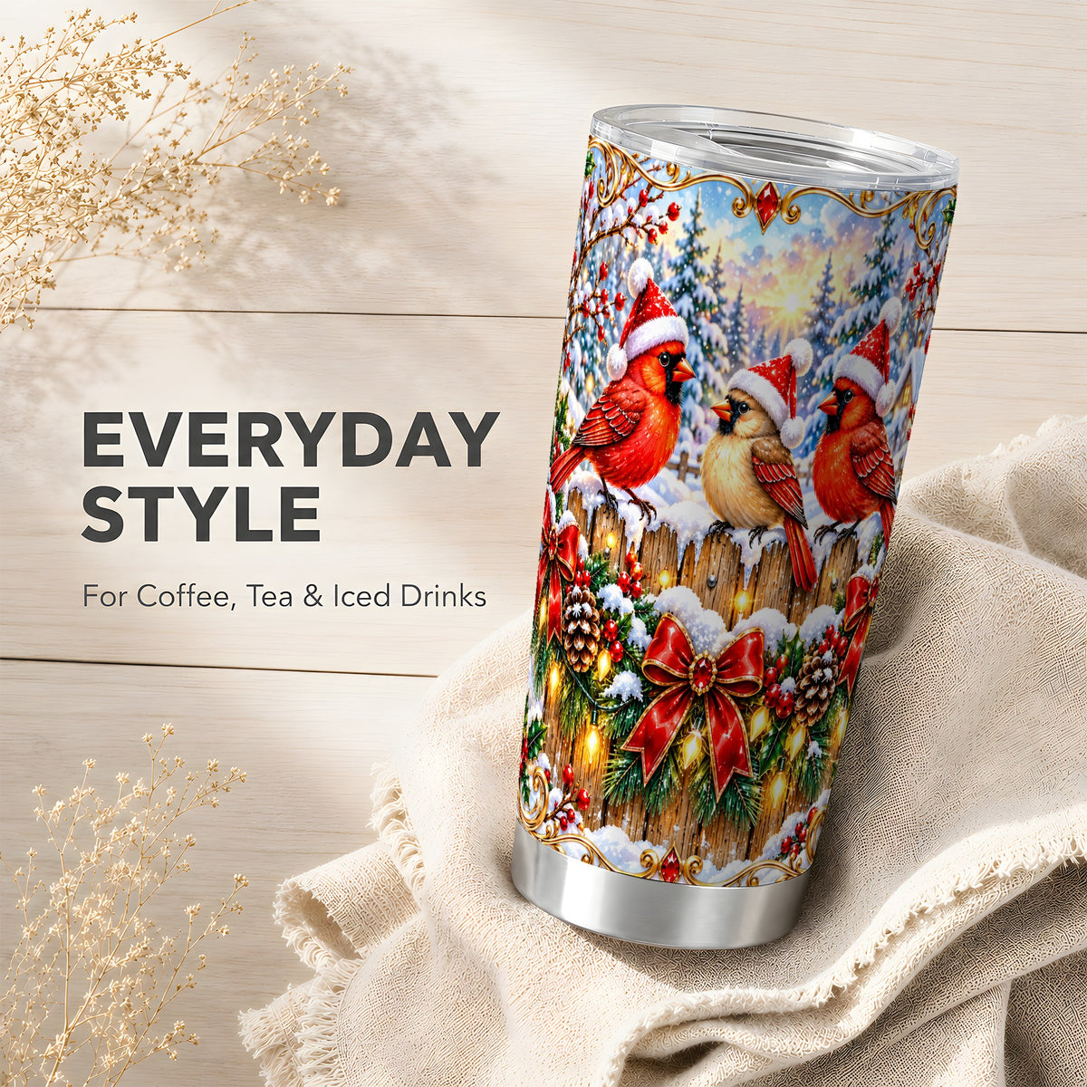 Ornate Cardinals 20oz Tumbler, Christmas Bird Stainless Steel Travel Cup