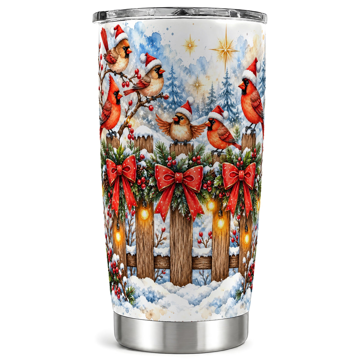 Snowy Cardinals 20oz Tumbler, Christmas Bird Stainless Steel Travel Cup