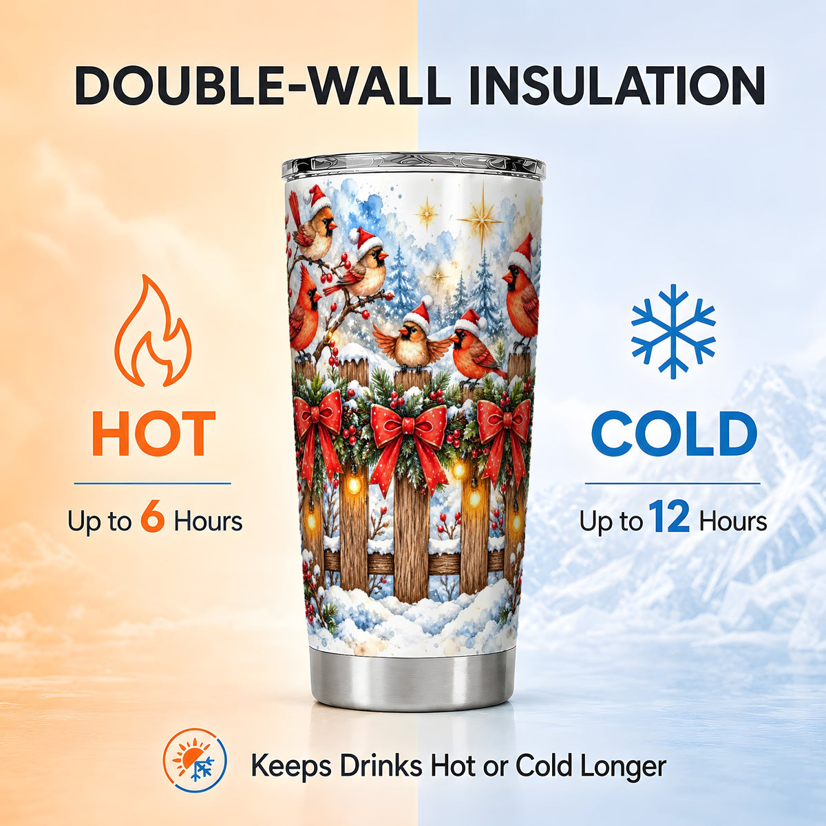 Snowy Cardinals 20oz Tumbler, Christmas Bird Stainless Steel Travel Cup