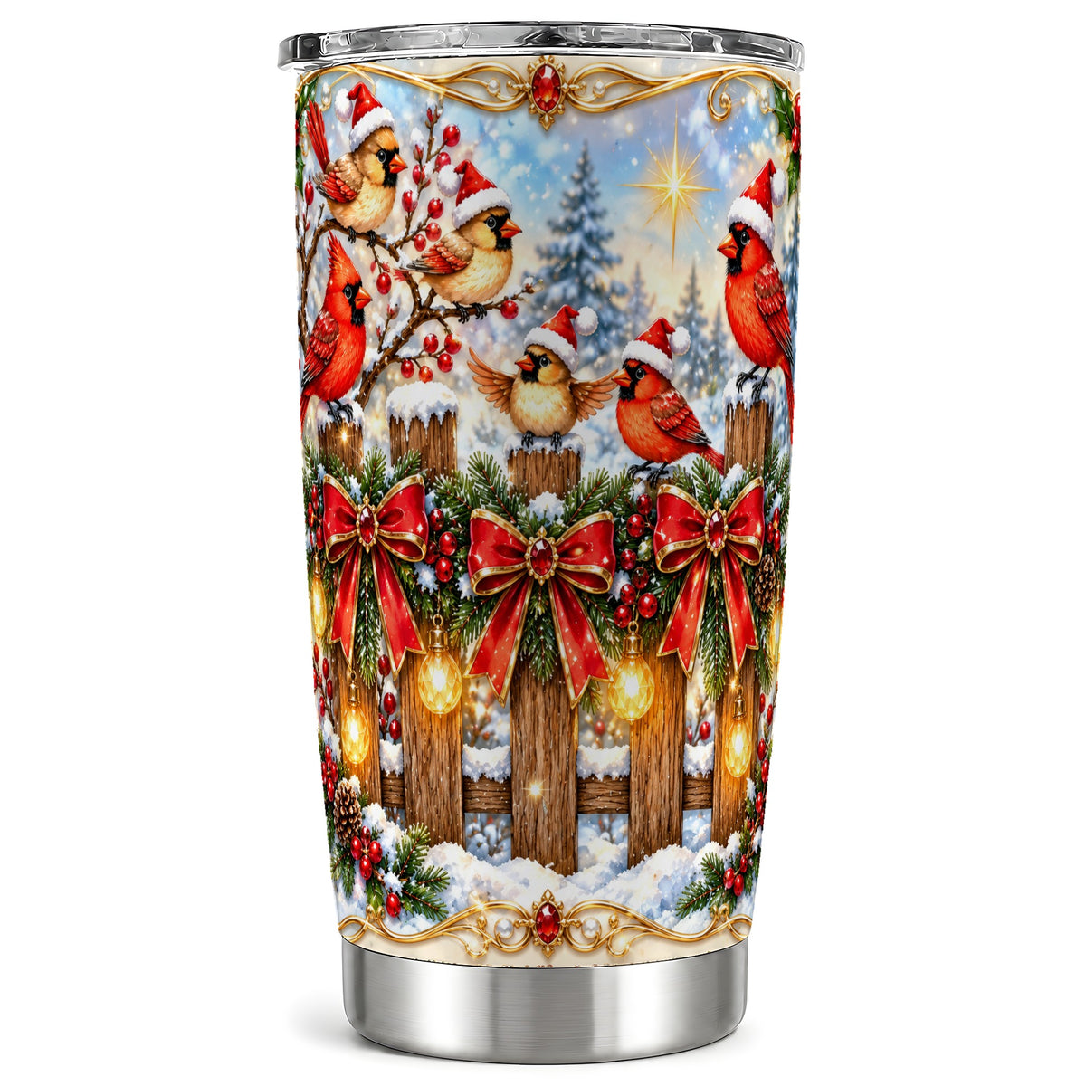 Golden Cardinals 20oz Tumbler, Christmas Bird Stainless Steel Travel Cup