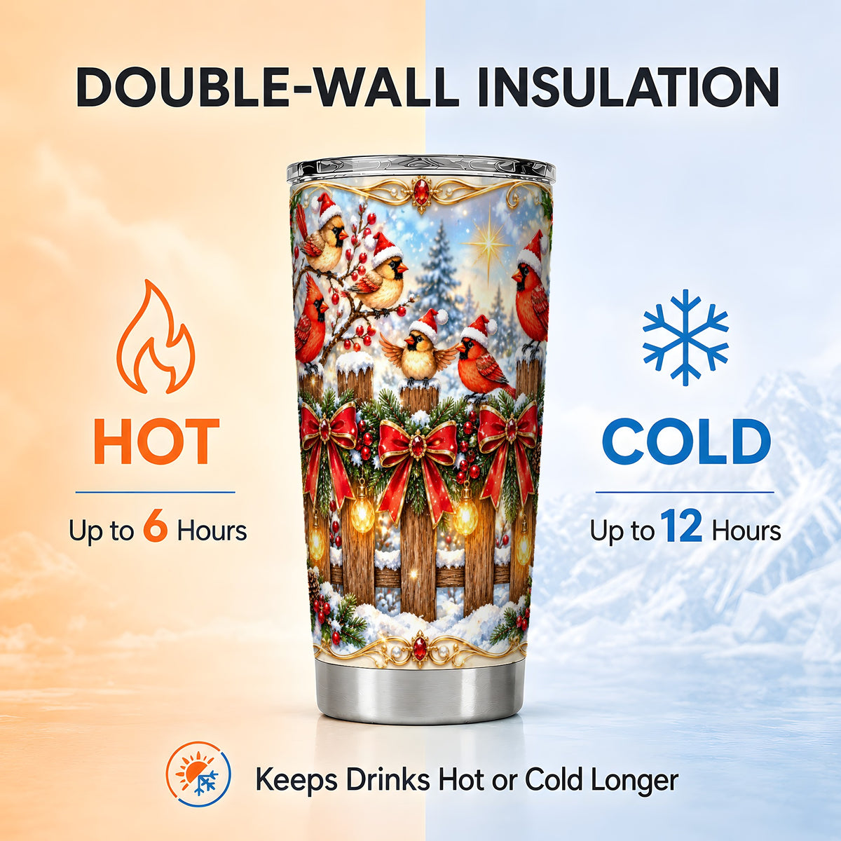 Golden Cardinals 20oz Tumbler, Christmas Bird Stainless Steel Travel Cup