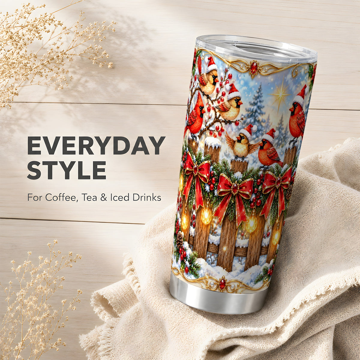 Golden Cardinals 20oz Tumbler, Christmas Bird Stainless Steel Travel Cup