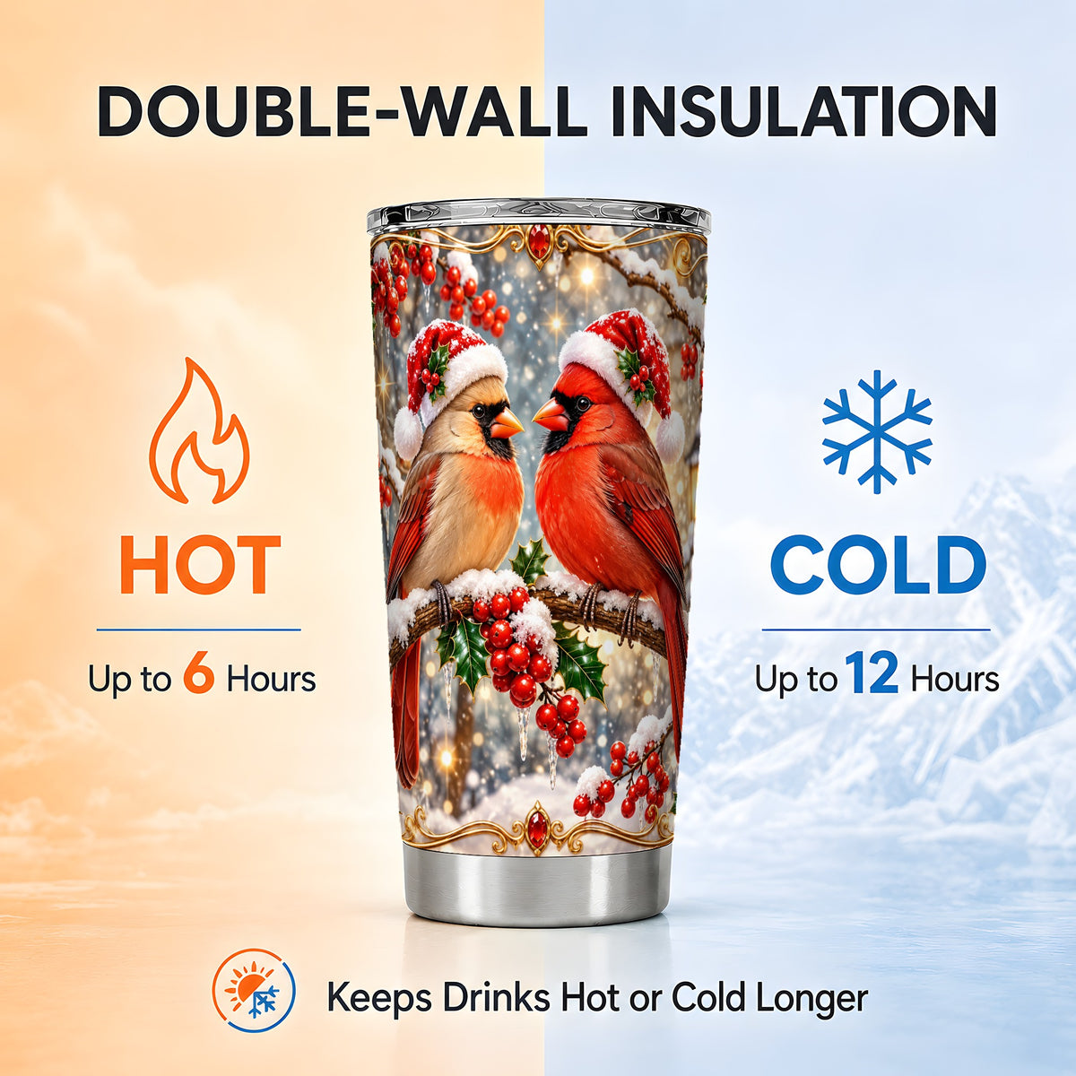 Cardinal Pair 20oz Tumbler, Christmas Bird Stainless Steel Travel Cup