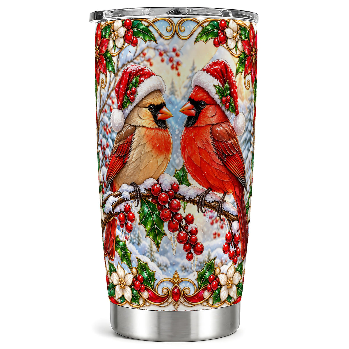 Christmas Cardinal Tumbler 20oz, Winter Bird Stainless Steel Travel Cup