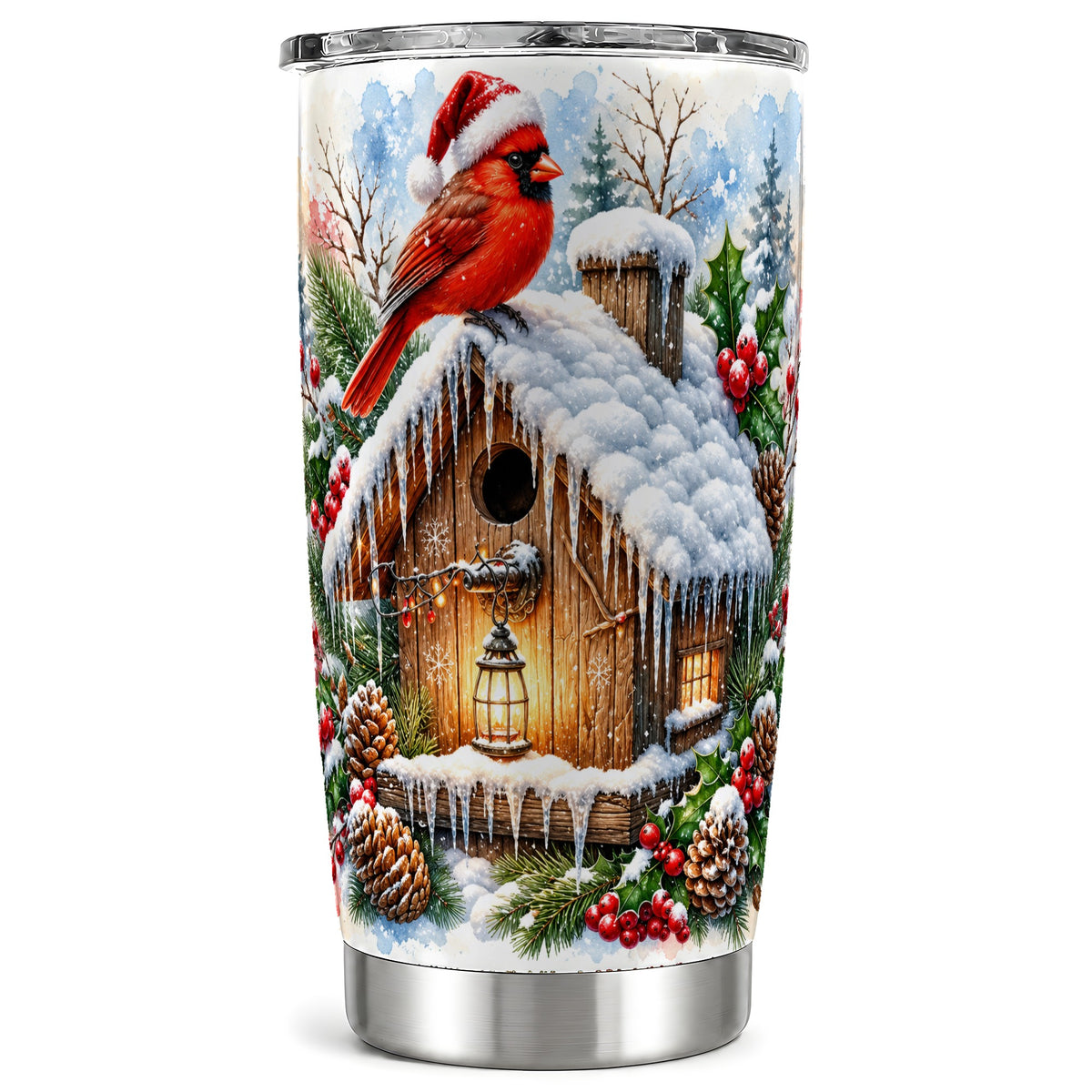 Snowy Cardinal Tumbler 20oz, Birdhouse Stainless Steel Travel Cup