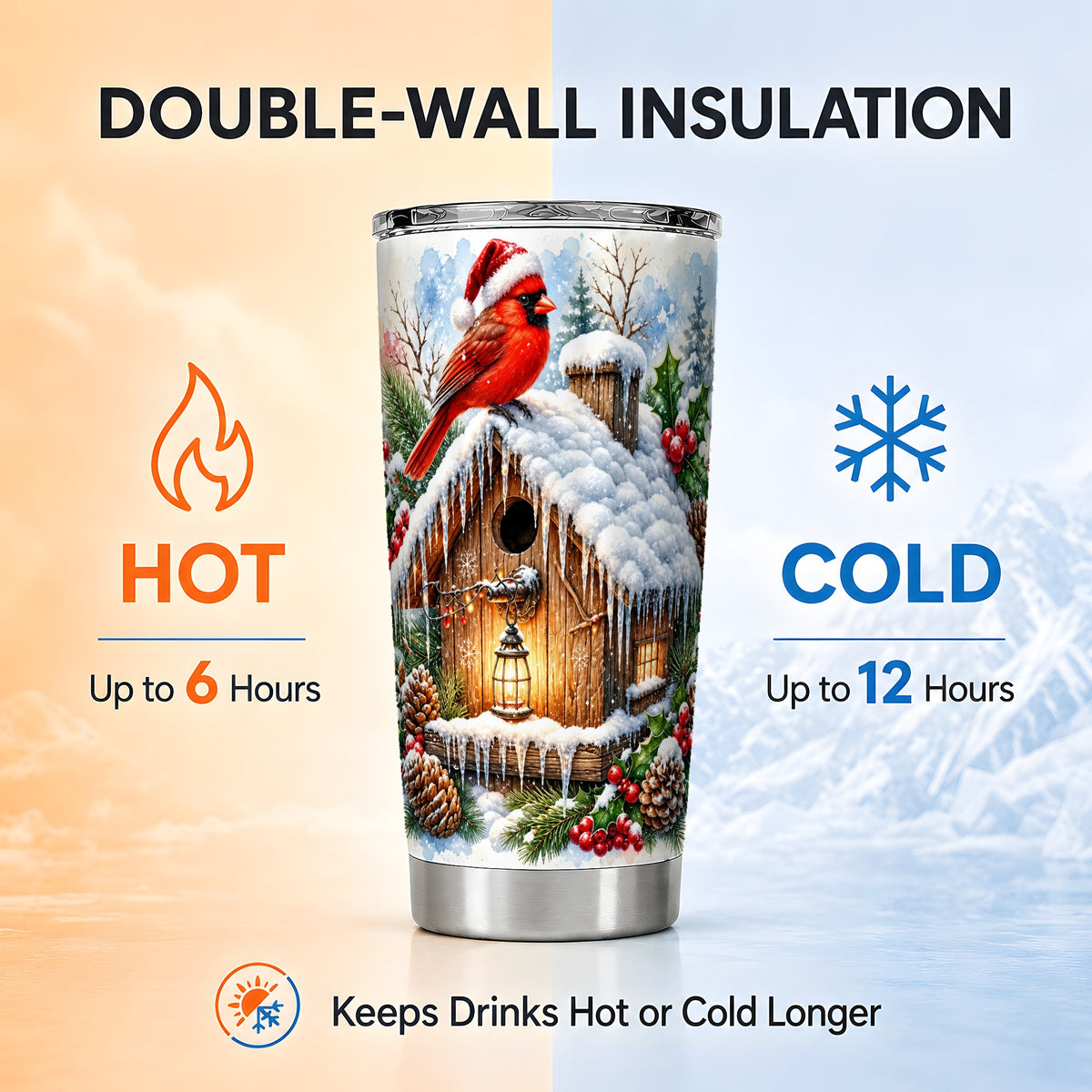 Snowy Cardinal Tumbler 20oz, Birdhouse Stainless Steel Travel Cup
