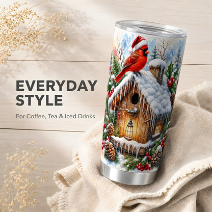 Snowy Cardinal Tumbler 20oz, Birdhouse Stainless Steel Travel Cup