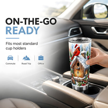Snowy Cardinal Tumbler 20oz, Birdhouse Stainless Steel Travel Cup