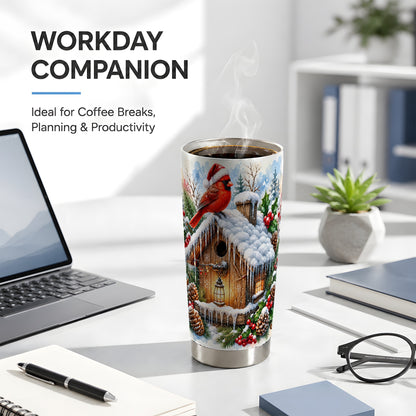 Snowy Cardinal Tumbler 20oz, Birdhouse Stainless Steel Travel Cup