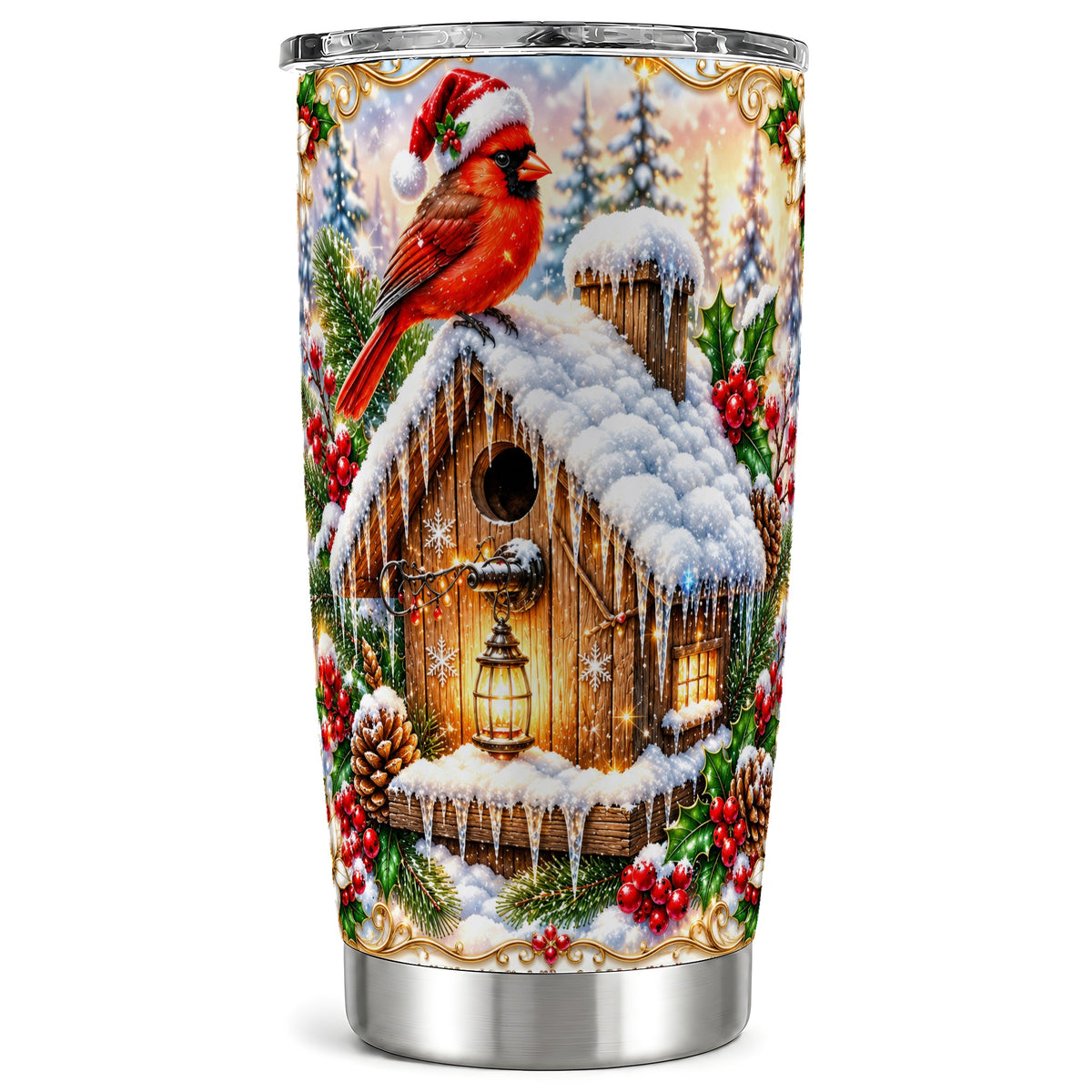 Christmas Cardinal Tumbler 20oz, Snowy Birdhouse Stainless Steel Travel Cup
