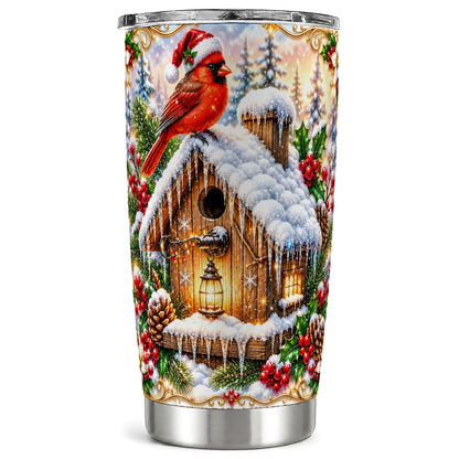 Christmas Cardinal Tumbler 20oz, Snowy Birdhouse Stainless Steel Travel Cup