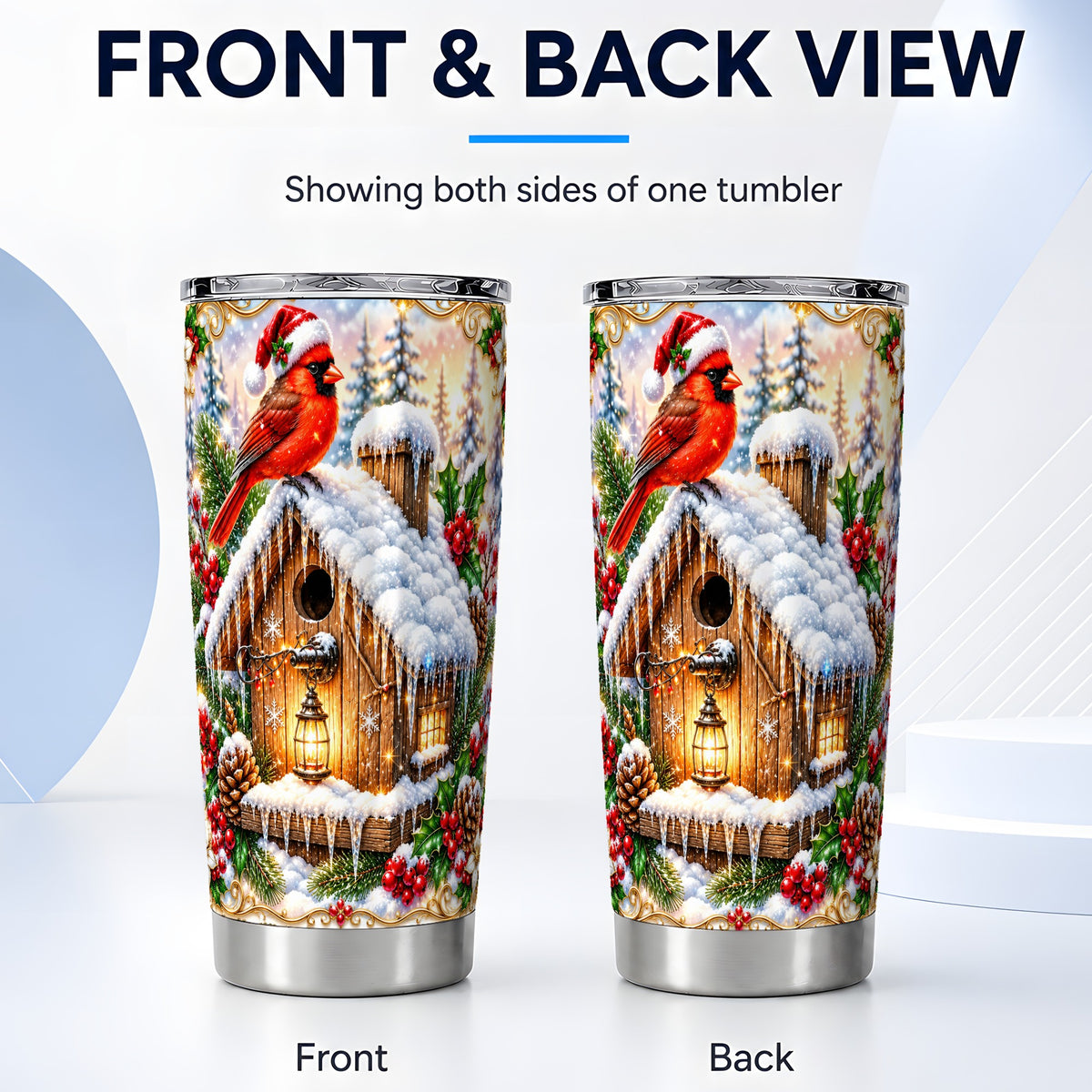 #pl[20oz|Steel] Christmas Cardinal Tumbler 20oz, Snowy Birdhouse Stainless Steel Travel Cup