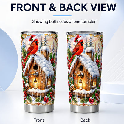#pl[20oz|Steel] Christmas Cardinal Tumbler 20oz, Snowy Birdhouse Stainless Steel Travel Cup